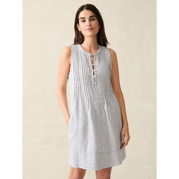 Faherty Isha Linen Sleeveless Button Up Striped Mini Dress Blue White L - Picture 1 of 8